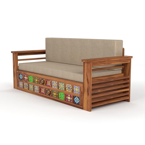 Image of Mamta Furniture Sheesham Wood Sofa Cum Bed with Storage Handcrafted Ceramic Tile Design Wooden Sofa Set for Living Room Bedroom 3 Seater Convertible Sofa Bed in Honey Finish
