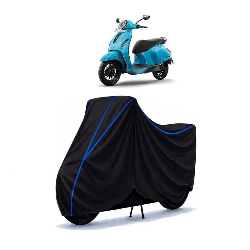 Image of Scooty Cover Water Resistant for Chetak Blue 2903 | Universal Scooter & Bike Cover | Heavy Duty UV Dust, Rain & Scratch Protection | Elastic Fit All Weather Indoor Outdoor | Black with Blue Piping