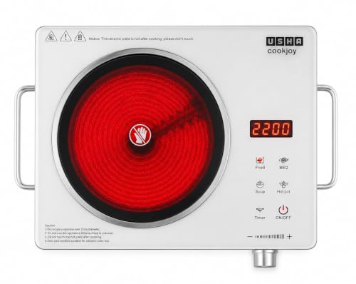 USHA CookJoy IR2200TCWV 2200W Infrared Cooktop | Works with All Utensils | Heat Resistant Ceramic Glass | 11 Power Levels | BBQ Grill Included | Made In India | White