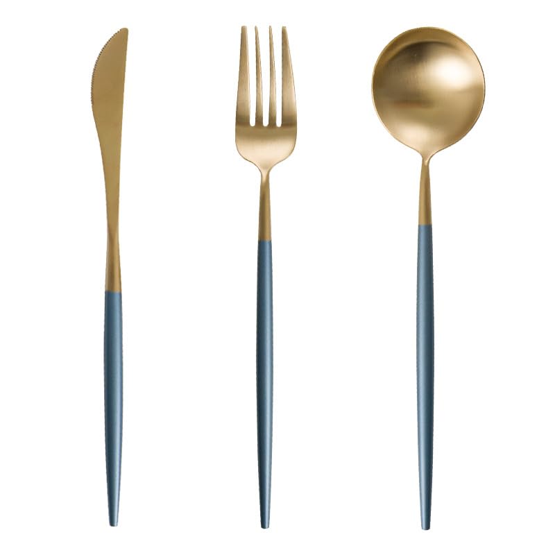 Ce Service de Couverts, composé de 3/12/18/24/30/36 pièces (Couteau, Fourchette et cuillère à Manche Rond, Bleu et Or), est en Acier Inoxydable 304. Service de Table Bleu et Or - 36 pièces p