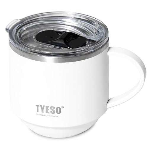 Taza de café aislada Klaraber, taza térmica con asa, taza de camping aislada con tapa, taza de cerveza de acero inoxidable de doble pared, a prueba de derrames, reutilizable, 330ml / 11 oz (Blanco)