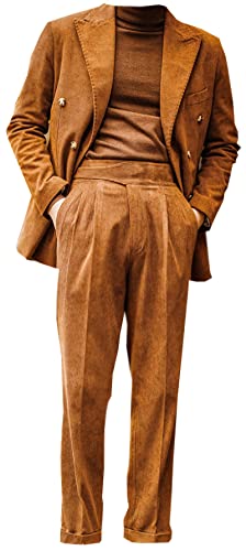 高級COOL！ダブルプレスト レトロ ワイド ナポリ コーデュロイ セットアップ スーツ 4色展開 サイズM〜3XL 大きいサイズ イタリア ヴィンテージ (L, ブラウン)のサムネイル