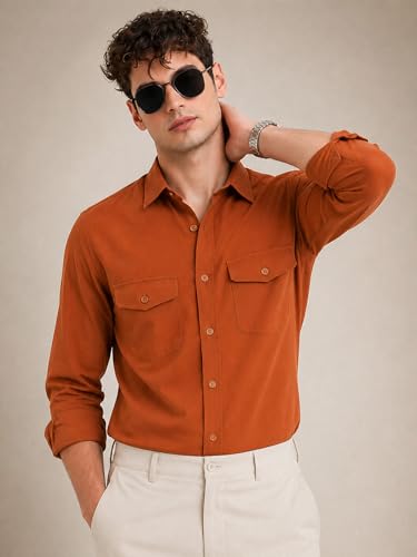 Image of Veirdo Men's Pure Cotton Utility Shirt | Full Sleeve Casual Button-Down with Dual Chest Pockets | Stylish & Comfortable Everyday Wear | Colors: Beige, Black, Maroon, Olive, Rust & White