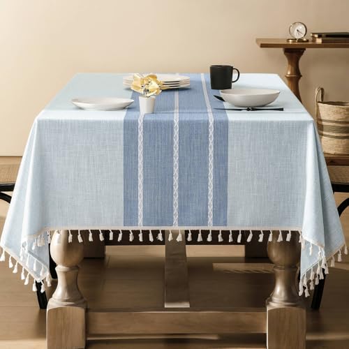 ZeeMart Contrast Linen Table Cloth Rectangle Table Cloths 52x70 Inch Blue, Farmhouse Style Heavy Weight Blue Tablecloth, Water Resistant Burlap Tablecloths