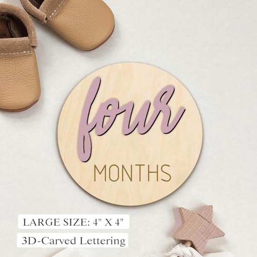 Image of Baby Monthly Milestone Markers Disc, Wooden 3D Milestone Cards for Photos, Baby Announcement Sign, 1-12 Months, wooden baby milestone sign (Blush)