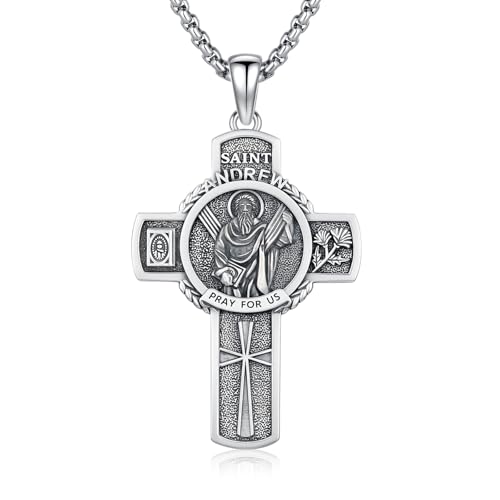 XIXLES St Andrew Cross Necklace 925 Sterling Silver Saint Andrew The Apostle Medal Pendant,Patron Saint of Scotland Fishermen Singers Amulet Jewelry for Men