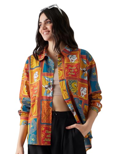 Image of The Souled Store Official Looney Tunes: Indie Vibes Women Oversize Fit Full Sleeves Graphic Printed Polyester Multicolored Shirt Shirts Casual Button-Down Half Sleeve Printed Graphic Short