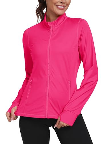 MoFiz Sportjacke Damen Leicht Trainingsjacke Mikrofleece Sweatjacke Wandershirt mit Reißverschluss Rosa-B XL