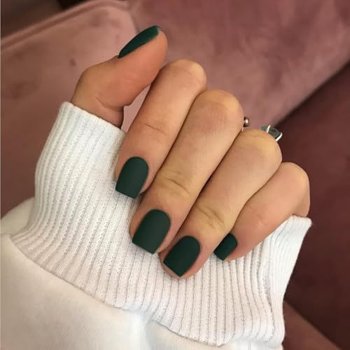 KQueenest 48 Pcs Matte Acrylic Press On Nails Short Square, Dark Green, 48 Pieces, 1 Set