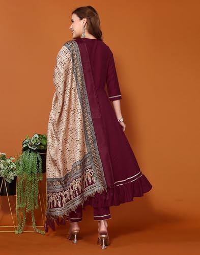Image of SKYLEE Women's Printed & Gota Lace Cotton Silk Anarkali Kurta Set with Dupatta