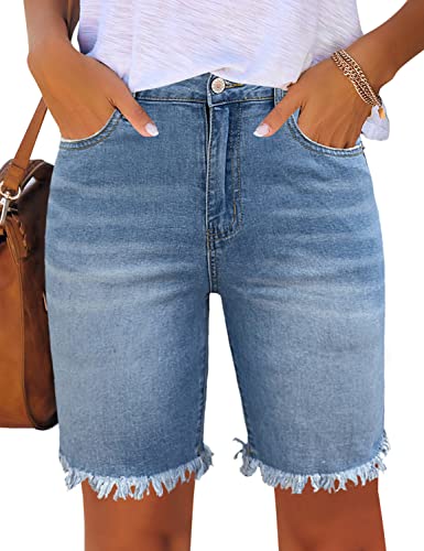 Utyful Women's Bermuda Jeans Shorts Summer Raw Hem Distressed Denim Shorts Raw Hem-Light Blue Large