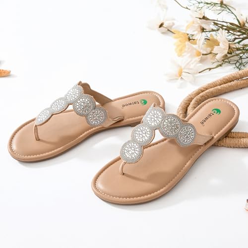 Image of Ataiwee Women's Bohemian Bling Flat Slide Sandals - Casual Summer Thong Sandals with Rhinestone Decor, Rubber Sole, Lightweight & Comfortable for Casual Attire Strappy Sandals.