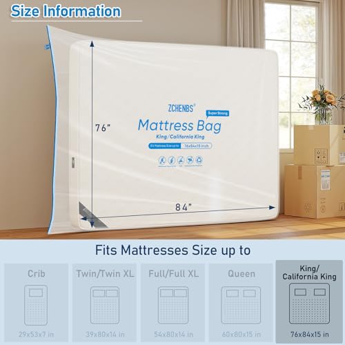 Image of ZCHENBS - King Mattress Bags for Moving, Waterproof Storage Bag with Zipper, Heavy-Duty 5 Mil Ultra-Thick California King Mattress Protector Cover for Moving, Reusable (Transparent /Blue, 2 Pack)