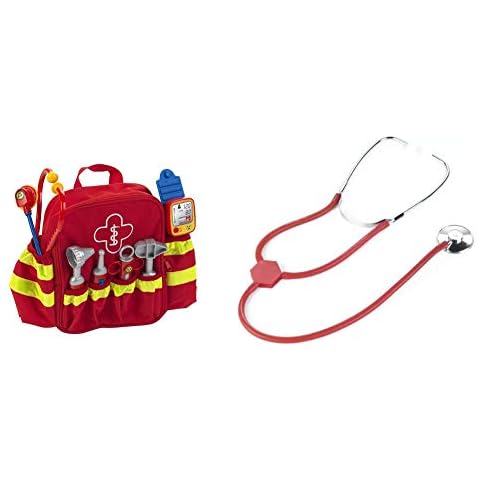 Theo Klein 4314 Rettungsrucksack I Mit Stethoskop, Spritze und vielem mehr I Elektronischer Blutdruckmesser mit Sound I 28 cm x 25 cm x 8,5 cm I bunt & 4608 - Spiel-Stethoskop aus Metall Cover