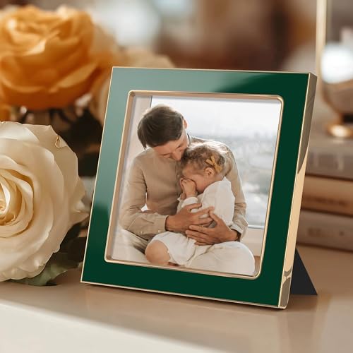 Image of eletecpro 4x4 Enamel Picture Frame with Real Glass Cover, Square Photo Frame with Gold Metal Edge Display Pictures 4 by 4 for Tabletop and Wall Decor, Green, 1 Pack