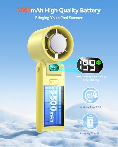 Image of Portable Handheld Fan with Ice Cooler, 199 Speed Personal Fan,5500mAh Rechargeable,20H Cooling Time,20000 RPM Powerful Motor, Summer Essential for Travel /Outdoor /Office, Yellow