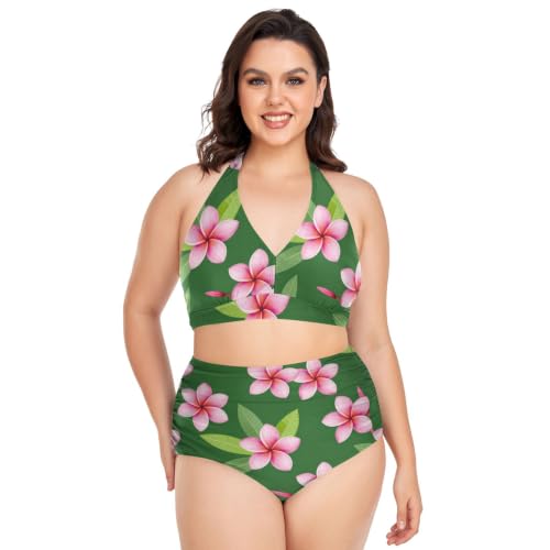 Bikini taille plus imprimé tropical rose plumeria avec haut halter réglable pour la plage