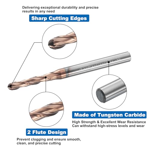 Image of HARFINGTON Ball Nose End Mill 2 Flute 3 /32 inch Diameter 1 /8 inch Shank Tungsten Carbide TiAlN Coated Spiral CNC Router Bits 1 /2 inch Cutting Length Single End Ball for Engrave Carving Machine Tools