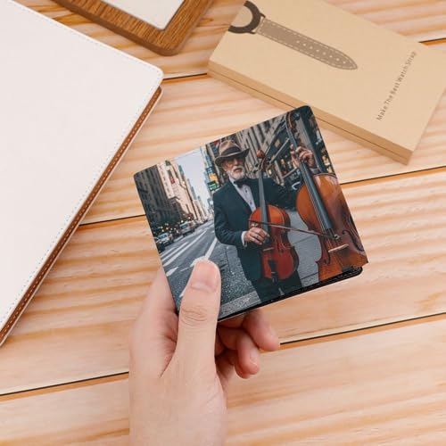 Street Singer And Double Bass Player Wallet Elegant Leather Wallets with ID Window & 2 Card Slots, Slim Bifold Wallet for Men Women4