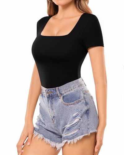 Image of MANGOPOP Womens Square Neck T Shirts Long Sleeve Short Sleeve Tops Fitted Tees