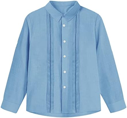 Fommykin Kids Boys Toddler Long Sleeve Cuban Guayabera Shirt Linen Button Down Wedding Beach Baptism Summer Shirts Blue