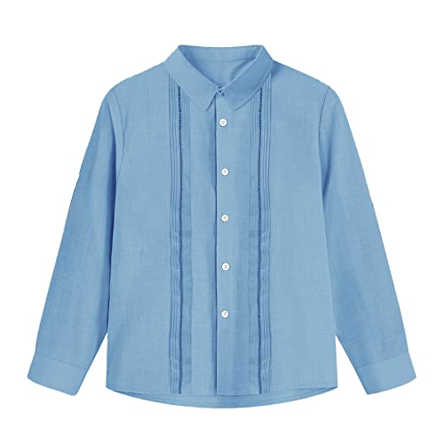 Fommykin Kids Boys Toddler Long Sleeve Cuban Guayabera Shirt Linen Button Down Wedding Beach Baptism Summer Shirts Blue #TOP11