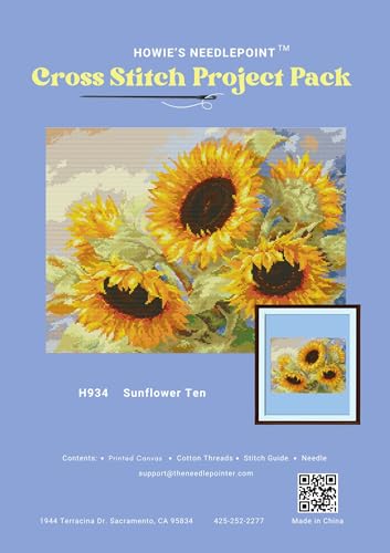 Image of Howie's Cross Stitch Kits, 14CT Pre-Printed Pattern Embroidery Set Needlework, Full Range of Stamped Starter Kits(Sunflower 10, 18.9 x 14.96 inch)