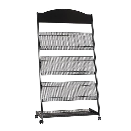 NIELONGHCY 4-Tier Metal Magazine Rack with 4 Wheels - Literature Display Holder for Libraries, Stores, and Exhibition Halls (White)(Black)