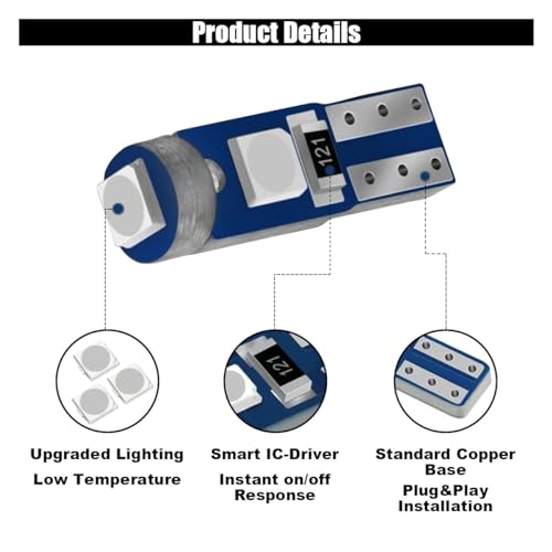 Image of GLSOWEE T5 LED Bulbs, 74 73 37 2721 LED Bulb 12 Volt Replacement, Blue | 3030 SMD Bright Canbus Error-Free, Fit for Auto Car Gauge Cluster Dashboard Light Bulb Instrument Panel Indicator Lights Lamp
