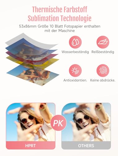 HPRT Mini Fotodrucker für Smartphone(5x7,6cm), drahtloser Bild-Drucker für Smartphone,tragbarer Fotodrucker für iPhone, Instant-Thermal-Dye-Sublimation-Technologie, Bluetooth (Weiß-Grau)