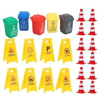 NUOBESTY 25pcs Mini Traffic Toys Street Warning Signs Anti-collision Traffic Roadblock Cones Miniature Sorting Trash Cans for Kids Traffic Teaching Learing Props