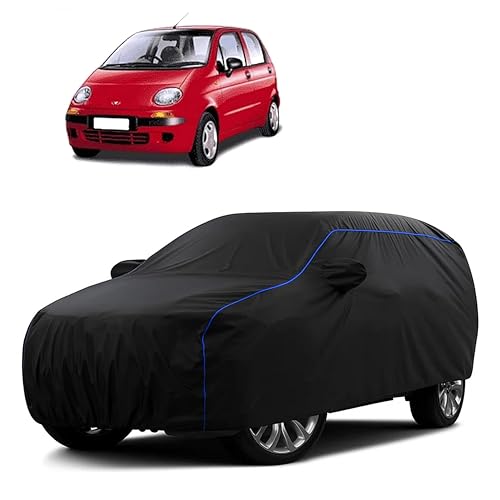 Image of Sulfar 100% Water Resistant Car Body Cover Compatible with Mirror for Daewoo Matiz (Triple Stitched, Full Bottom Elastic, Black Tafetta with Blue Piping)