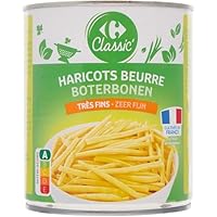 PRODUIT : Haricots beurre très fins en conserve, prêts à être égouttés et réchauffés. COMPOSITION : Haricots beurre, eau et sel pour une recette simple et naturelle. PRÉPARATION : Egouttez, réchauffez à feu doux et assaisonnez selon votre goût. LOT É...