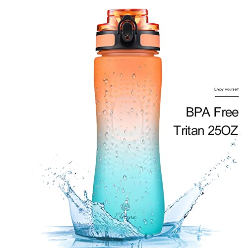 Edmyre 25 Oz Kid Water Bottle For School, Bpa Free Tritan Thick Water Bottles With Handle Lid, Water Jug With With Time Marker, Orange/Green Gradient Color Leak-Proof Water Bottle For Kid #TOP1