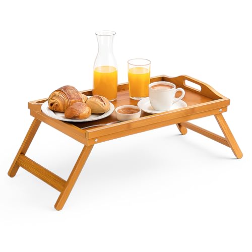 TIENDA EURASIA – Bandeja Cama | 100% Bambú Natural | con Asas y Patas Plegables | Color Marrón Claro | Medidas 50x30x21 cm | Forma Rectangular | Fácil de Limpiar