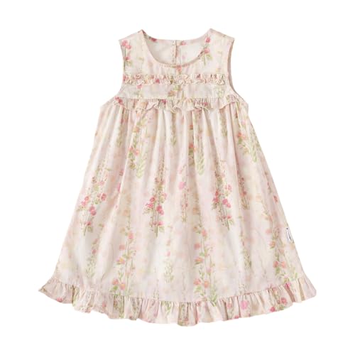 Girl Floral Print Cotton Dress Ruffled Hem Button Summer Casual Sundress