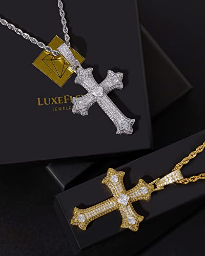 Luxeflex Gothic Iced Out Diamond Jesus Cross Necklace With 24" Stainless Steel Rope Chain, 14K Gold Plated Pendant Religious Faith Cross Jewelry Gifts, Underground Hip-Hop Jewelry For Men Women (Silver) #TOP5
