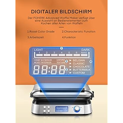 FOHERE Waffeleisen 1600 W, Doppelwaffeleisen für Belgische Waffeln, 5 Programme, 7 Bräunungsstufen, LCD Display, Countdown Timer, Überlaufrille, Extra Tiefe Heizplatten – Bild 4