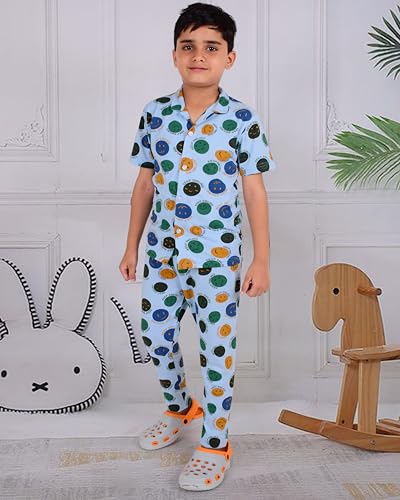 Image of 3BROS Unisex Pure Cotton Short Sleeve Kids Night Dress for Boys & Girls Nightwear /Sleepsuit /Sleepwear /Loungewear Night Suit for Boys and Girls Top and Pyjama Combo Set