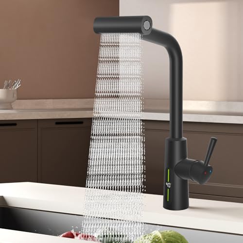 MIAOHUI Küchenarmatur Ausziehbar mit Temperaturanzeige, Einhebel Mischbatterie Küche, 4 Modi Wasserhahn Küche Ausziehbar, 360°Drehbarer Hochdruck Spülbeckenarmatur (Schwarz)