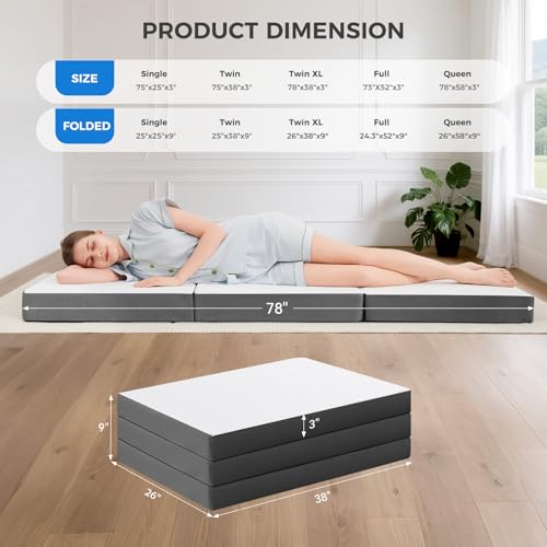 Image of MASVIS Trifold Mattress, 3 Inch Memory Foam Foldable Mattress with Washable Cover, Tri-Folding Floor Bed for Camping, Twin XL