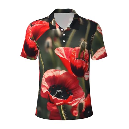 Chemise décontractée pour homme à motif coquelicot rouge et manches courtes en tissu respirant