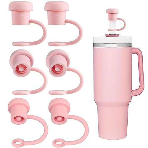 6 Pack Silicone Straw Cover Compatible with Stanley H2.0/1.0 Tumbler Cups All OZ, Reusable Drinking Straw Topper, Dust-Proof Straw Covers Cap for 6-10m/0.23-0.4inch Straws (Pink-6pcs)