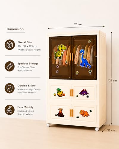 Image of TARKAN Kids Plastic Wardrobe Storage Cabinet with Wheels, DIY Dinosaur Stickers, Modular and Durable, 1 Hanging Rod + 2 Drawer Sections, 70x32x123cm