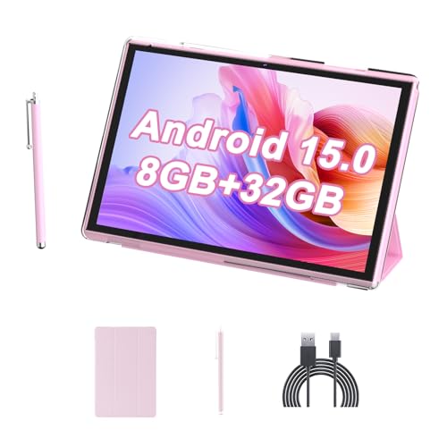 10 Inch Tablet With Case Stylus Android 15 Tablets 8GB RAM 32GB ROM Tableta 2MP+ 8MP Camera Bluetooth WiFi-6 Tablet Computer 10.1 IN Tablet IPS 10' HD Display 6000mAh Long Battery Life Tabletas