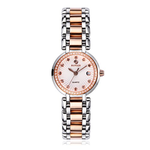 Preisvergleich Produktbild BINLUN Damen Edelstahl Quarzuhren Wasserdicht Vergoldet Armband Armbanduhr für Damen