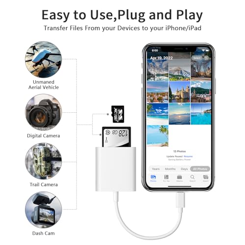 Leitor de cartão SD/Micro SD para iPhone/iPad/câmera, compartimento duplo para cartão suporta leitor