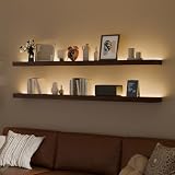 ONOTETUT 60 inch LED Gaming Floating Shelves for Wall,Solid Wood Long Wall Shelves Set of 2 with Light for Gaming Room,Walnut Rustic Wall Mounted Shelves for Living Room Bedroom Kitchen Garage