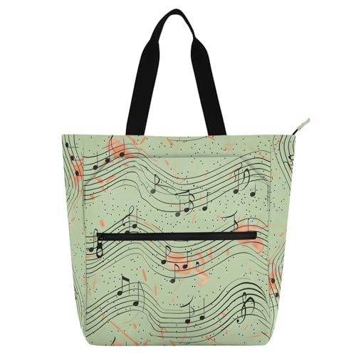 Music Score Note Tote Bag for Book Lovers Reusable Bags with Zipper Pocket for School Work Shopping