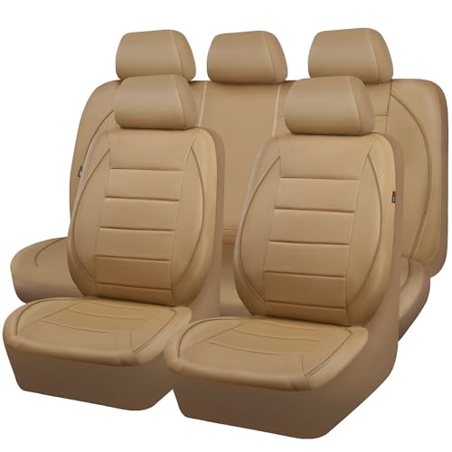 CAR PASS Piping Leather Seat Cover Universal FIT with Composite Sponge Inside Airbag Compatible and Reserved Opening Holes Inside zipper for Cars Sedan SUV Truck(Full Set Beige with Tan Piping-Stripe)